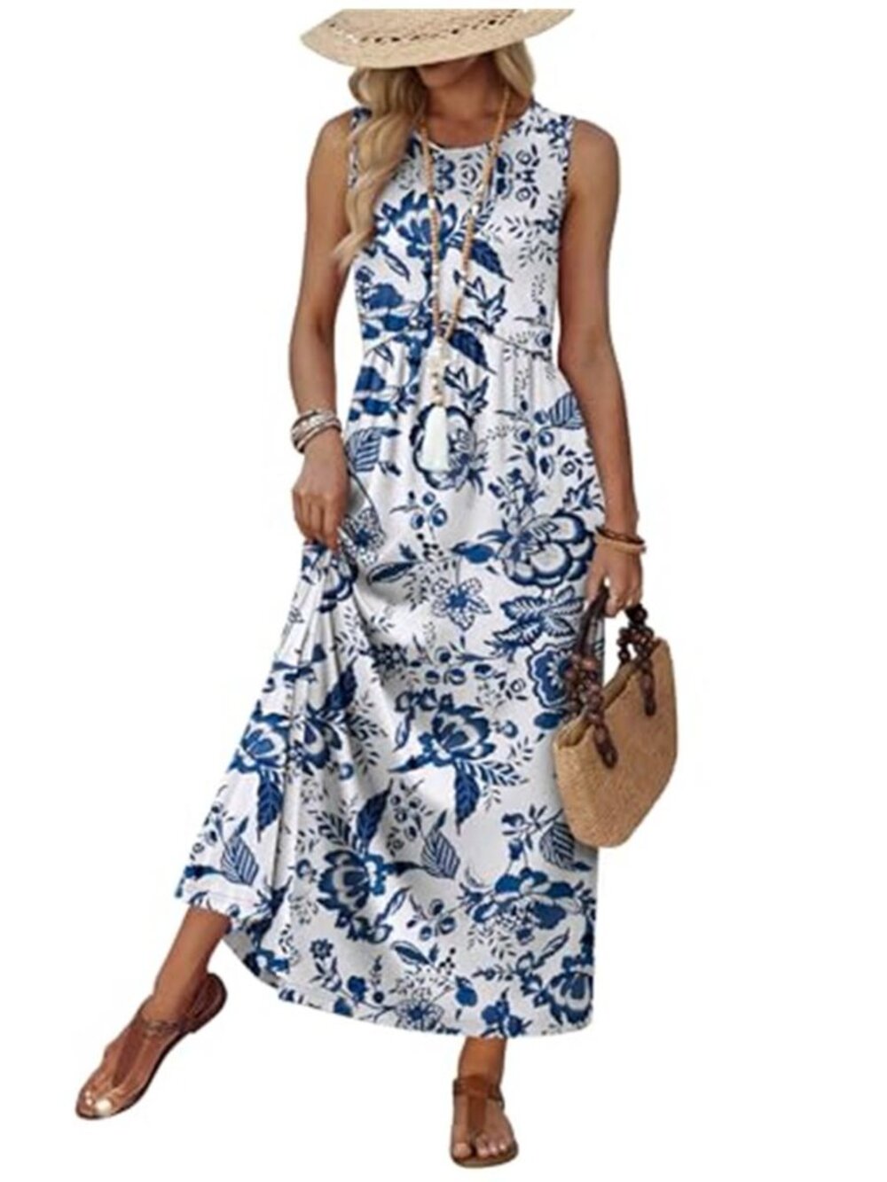 WIHOLL Blue Floral Babydoll Maxi Dress Empire Waist Vacation Sundress